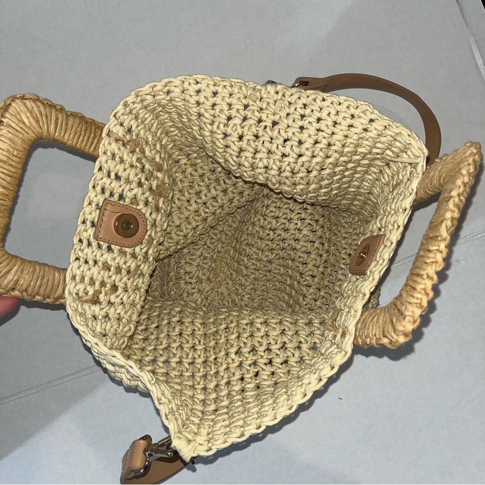 Zara Beige Woven Straw Crossbody Bag with Tan Leather Strap - Picture 9 of 11